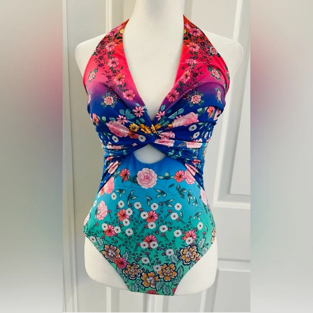 NWT! JOHNNY WAS‎ RAINBOW TWISTKEYHOLE ONE PIECE V Neck Ties at Neck Size XS